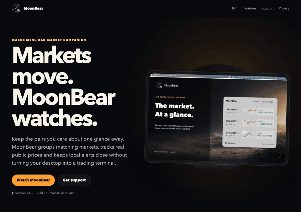 Koyu ay yüzeyi üzerinde macOS menü çubuğu piyasa takip arayüzünü gösteren MoonBear açık sayfası.