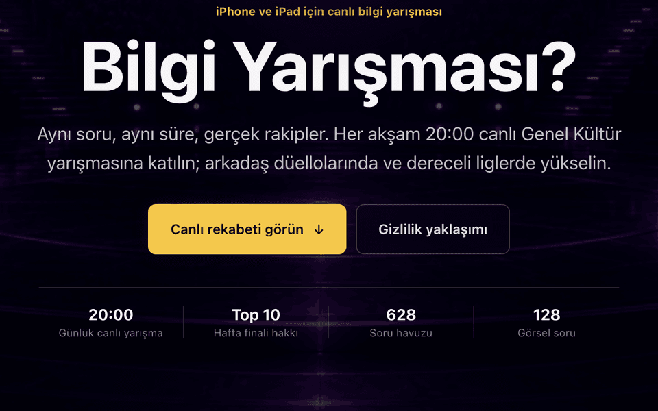 Bilgi Yarışması public page showing the competition title and live trivia schedule.
